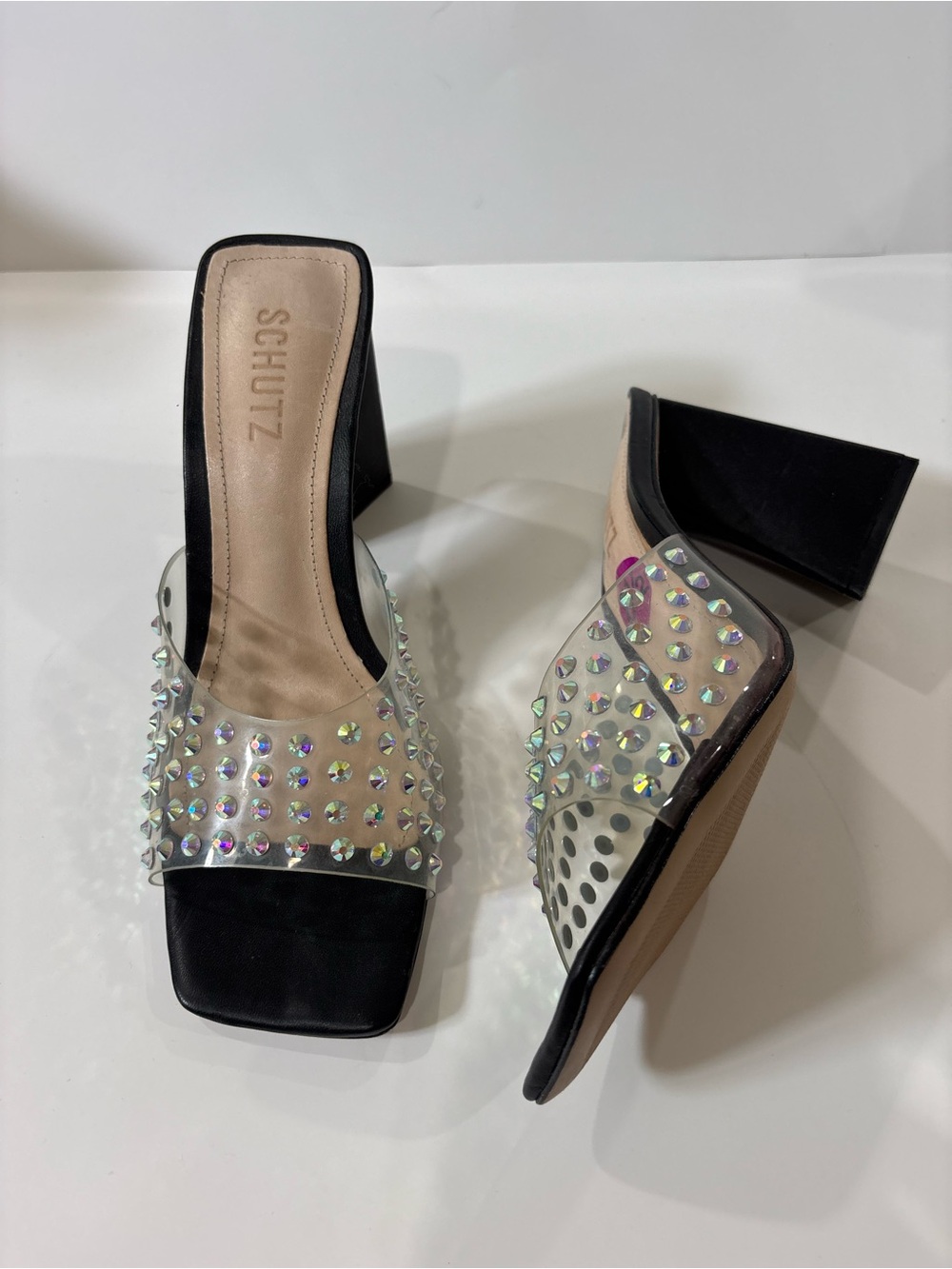 SCHUTZ Black Clear Crystal-Studded Block Heel Mule